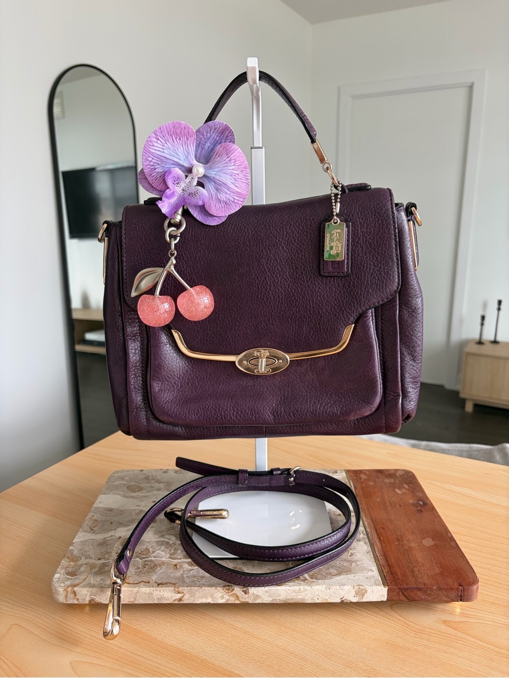 Coach Madison Sadie Flap Satchel - Dark Purple Leather + Silver Hardware